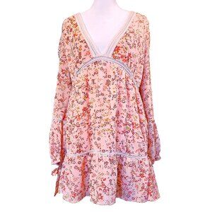 For Love & Lemons Floral Swing Mini Dress Women's Size L Crochet Trim Boho Fairy